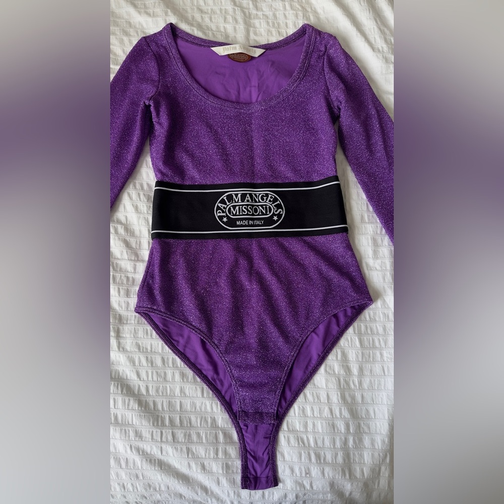 Palm Angels Glittery Violet Bodysuit with Black Waistband